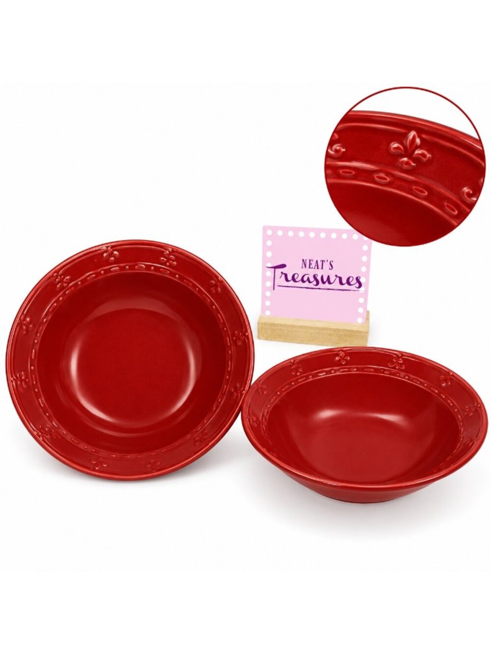 Kennex FIRENZA CINNAMON Embossed Fleur-De-Lis Stoneware Soup Cereal Bowls Set 2